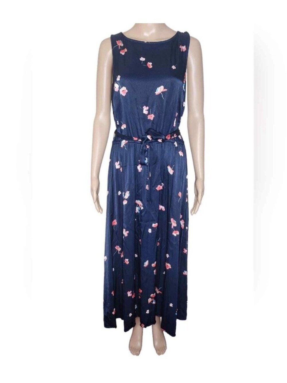 J. Jill Women’s Floral Satin Maxi Dress Size XL Belted Sleeveless Flowy